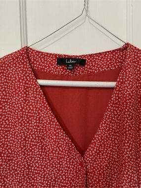 Lulu's Red V-Neck Patterned Dress with White Microprint